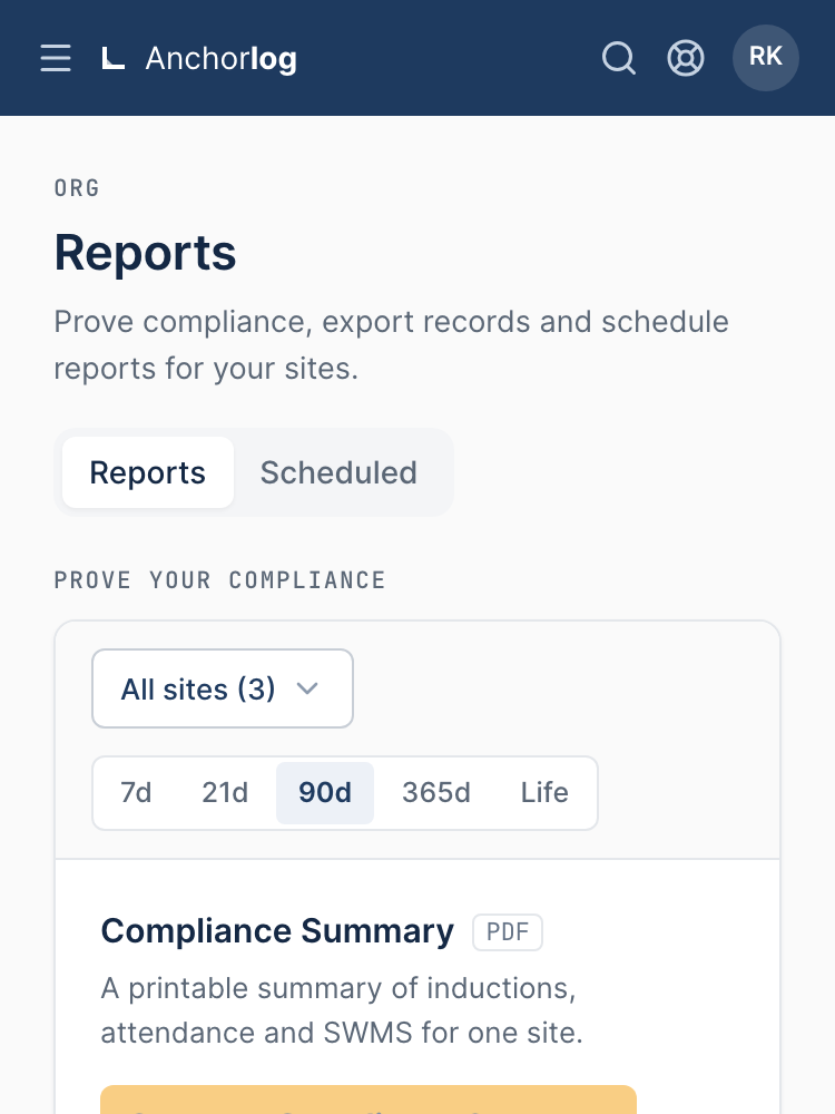 The reports screen from the top: a heading reading Reports, its line about exporting records and scheduling reports, a scope card with a site picker and window chips, and a printable summary of inductions, attendance and SWMS. On a wide screen the data exports and the evidence bundle builder follow.