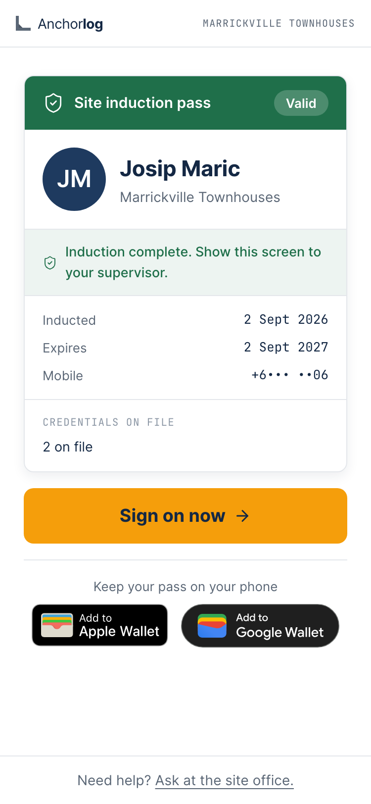 The worker's pass on his phone: a green band reading Site induction pass and Valid, his name and site beneath it, the date he was inducted and the date it expires, a count of the credentials on file, and the Apple Wallet and Google Wallet buttons at the foot.