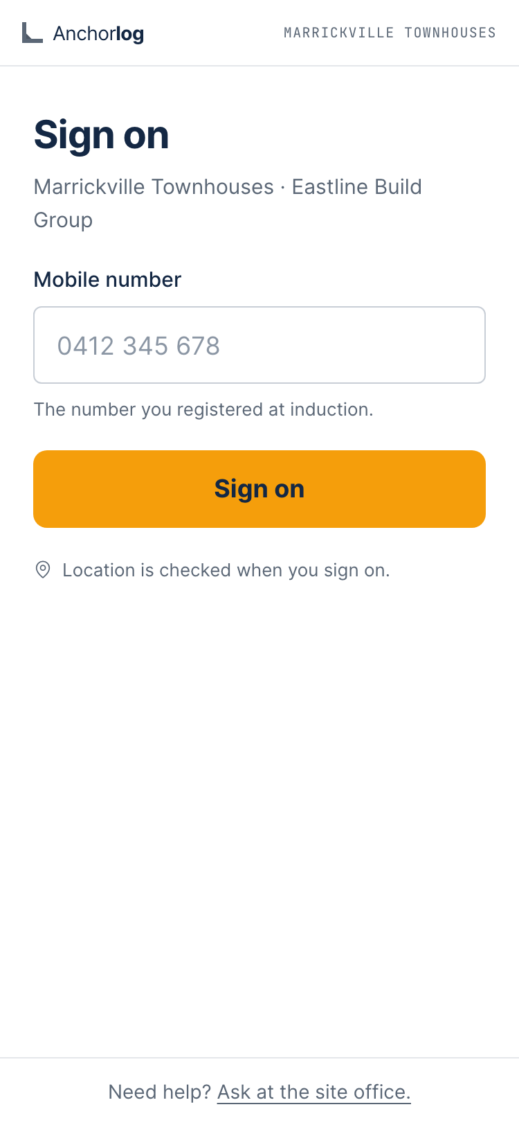 The sign-on page on a phone: a Sign on heading with the site and builder named beneath it, a mobile-number field, and an amber Sign on button.