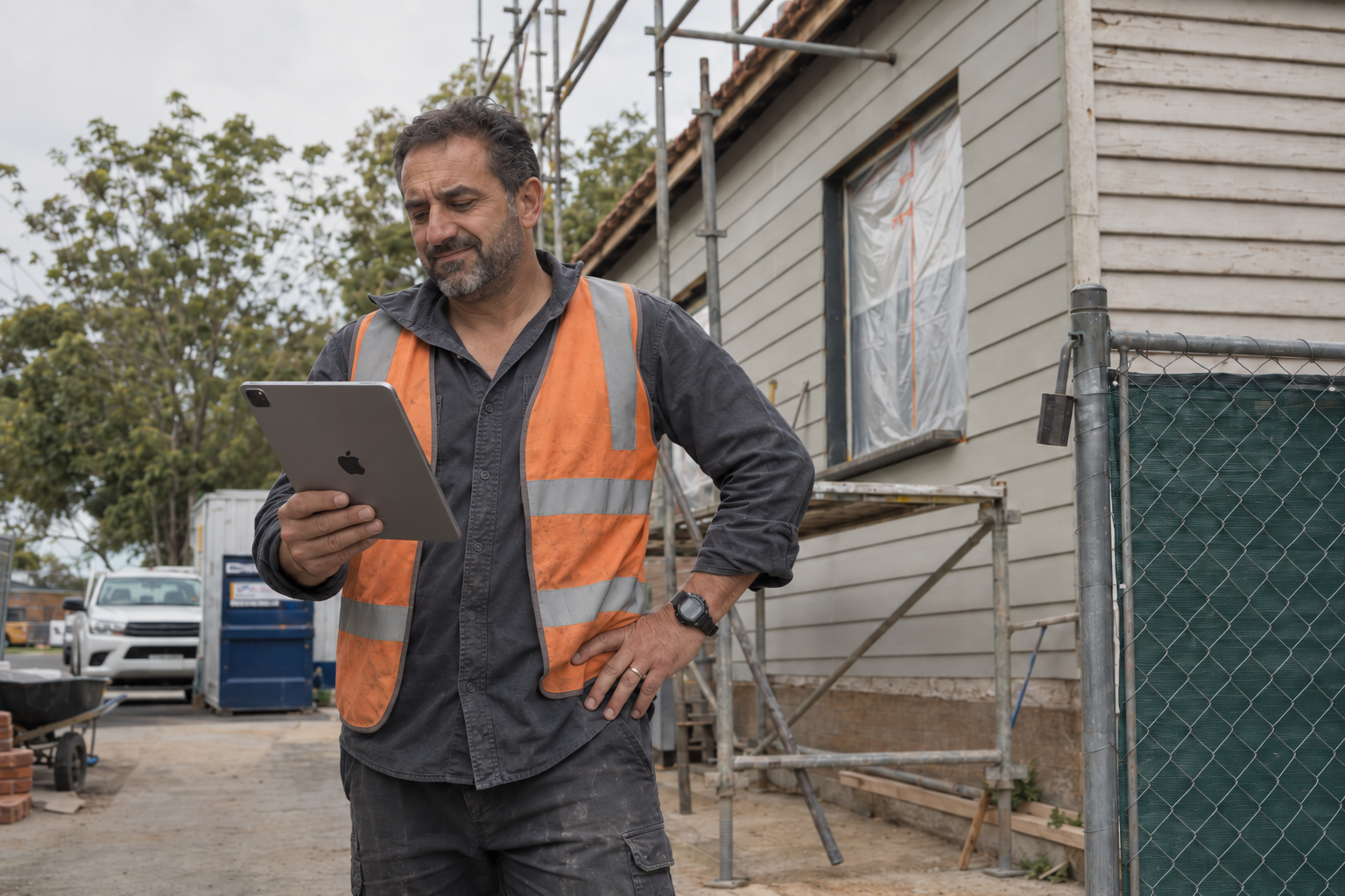 Builder in hi-vis on the driveway of a residential renovation site, scaffolding up against the weatherboard cottage and temporary site fencing beside him, looking at the site's details on an iPad.