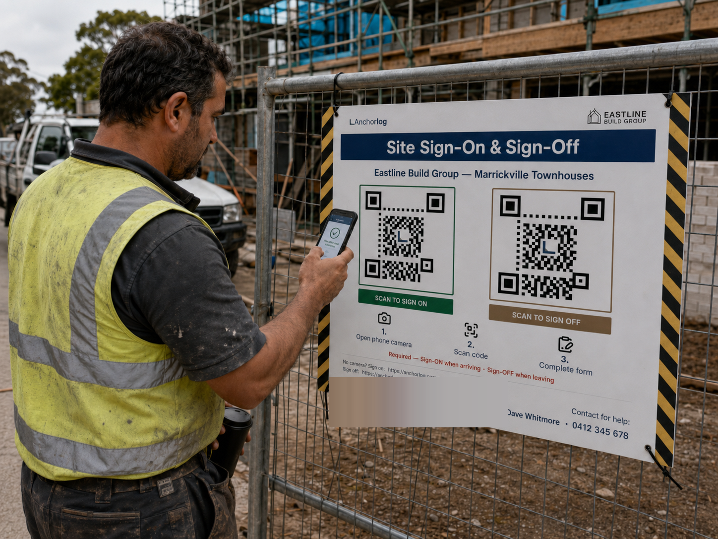 Worker on a residential construction site scanning a QR sign-on board mounted on the site fence with their phone.