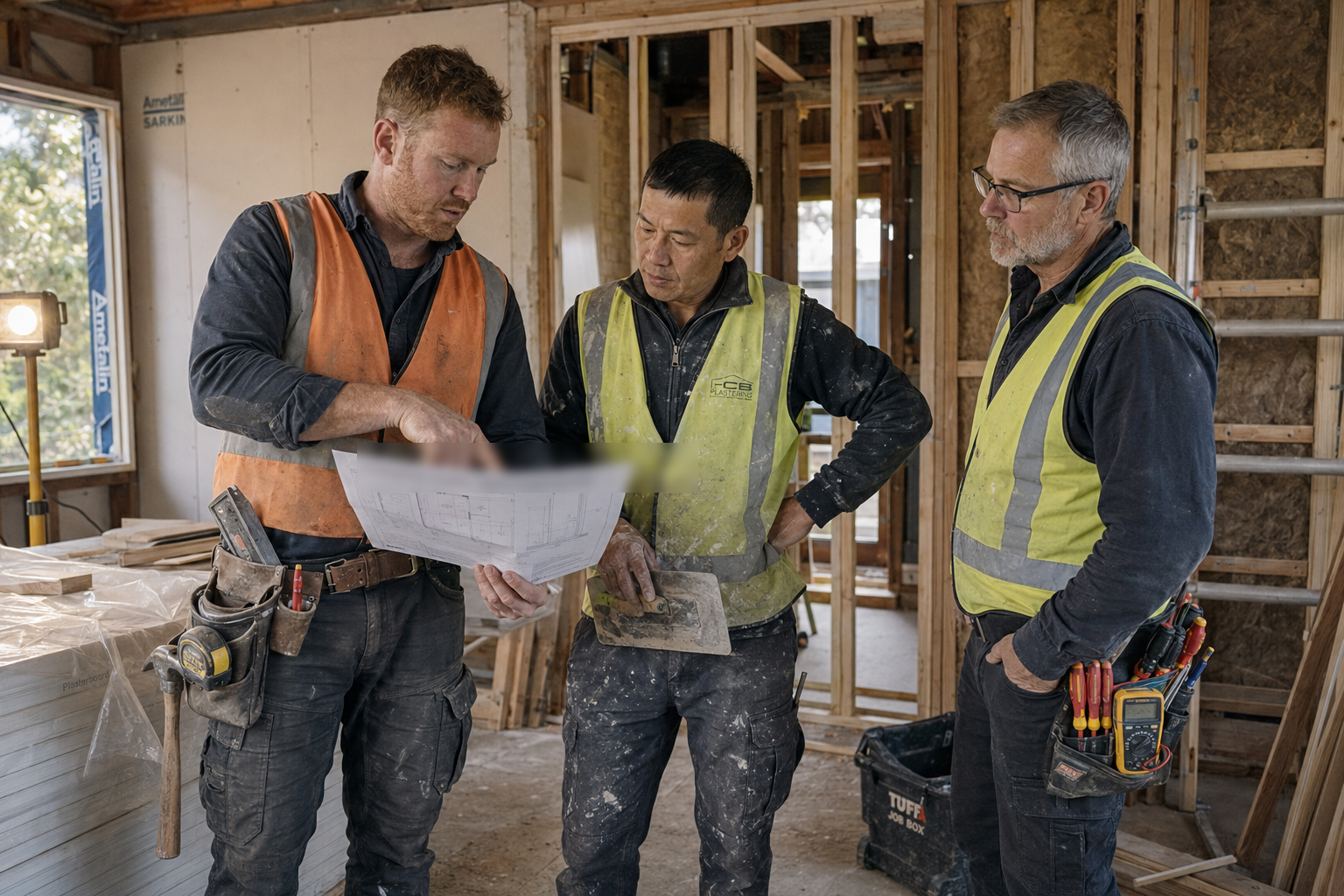 Carpenter, plasterer and electrician reviewing a renovation drawing on a residential construction site.